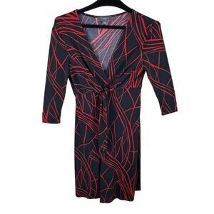 Liz Claiborne Black Red 3/4 Sleeve V-Neck Stretchy Knee Length Sheath Dress Sz 6
